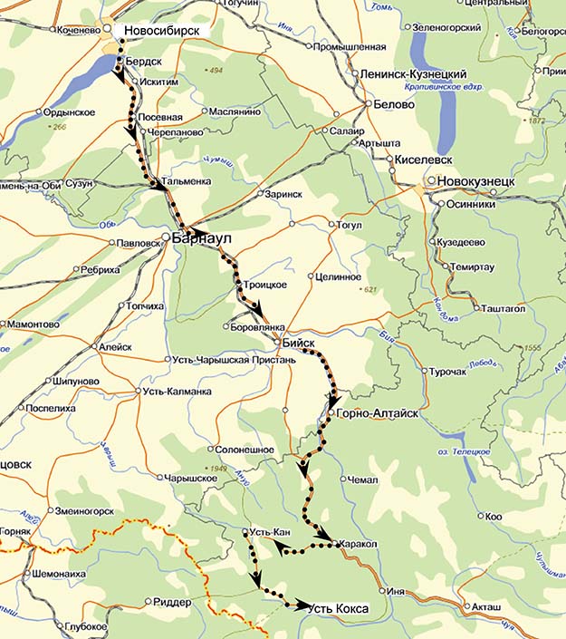 Схема проезда Новосибирск - Усть-Кокса